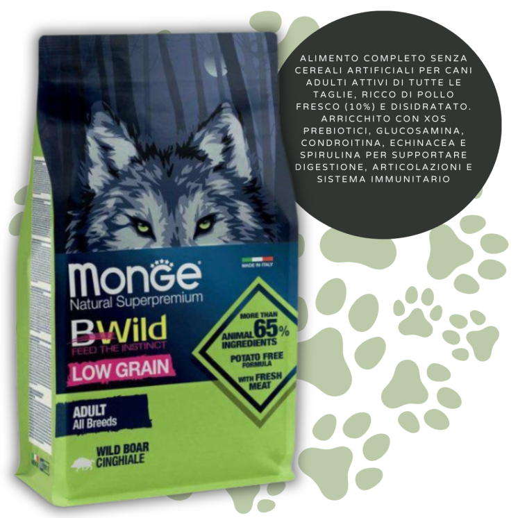 Monge Bwild Low Grain All Breeds Cane Adult Cinghiale - 12 kg