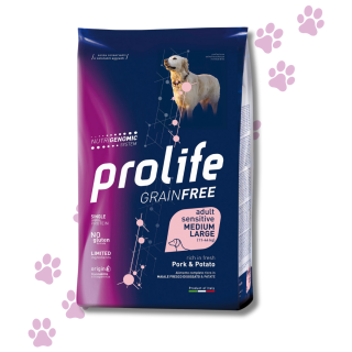 Prolife Senza Cereali Crocchette Cane Sensibile Adulto Taglia Media/Grande Maiale e Patate
